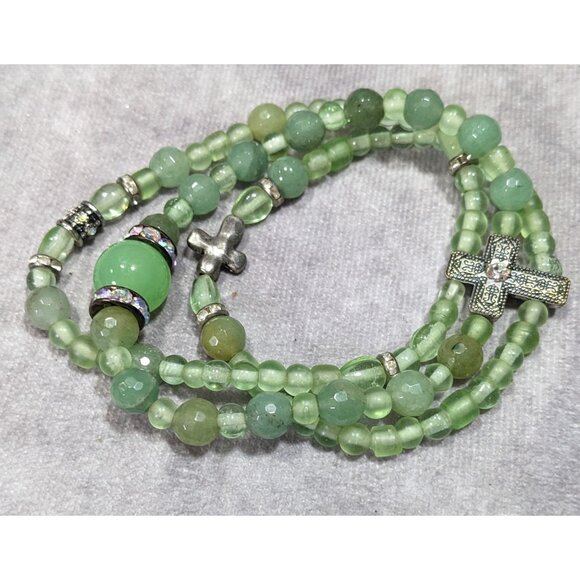 Religious Green Glass Beaded Layered Stretch Bracelet - Picture 4 of 5